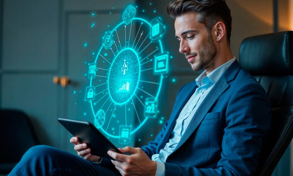 çalışan yetkinliklerinin yapay zekâ destekli dijital araçlarla gelişimini simgeleyen iş dünyası görseli