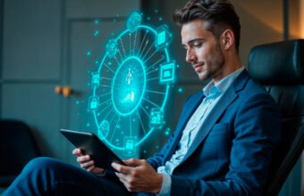 çalışan yetkinliklerinin yapay zekâ destekli dijital araçlarla gelişimini simgeleyen iş dünyası görseli