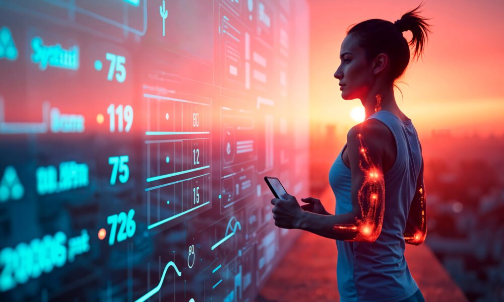 giyilebilir teknolojilerin sağlık takibi ve veri toplama ikilemini sorgulayan teknolojik illüstrasyon