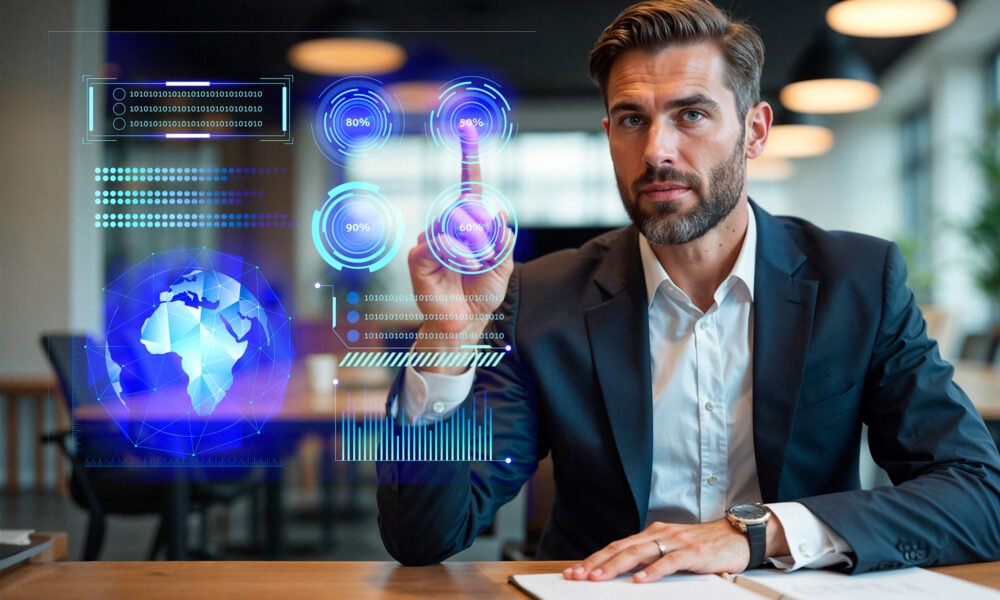 şirketlerde yapay zekâ destekli veri analizi ve stratejik karar alma süreçlerini gösteren iş dünyası görseli