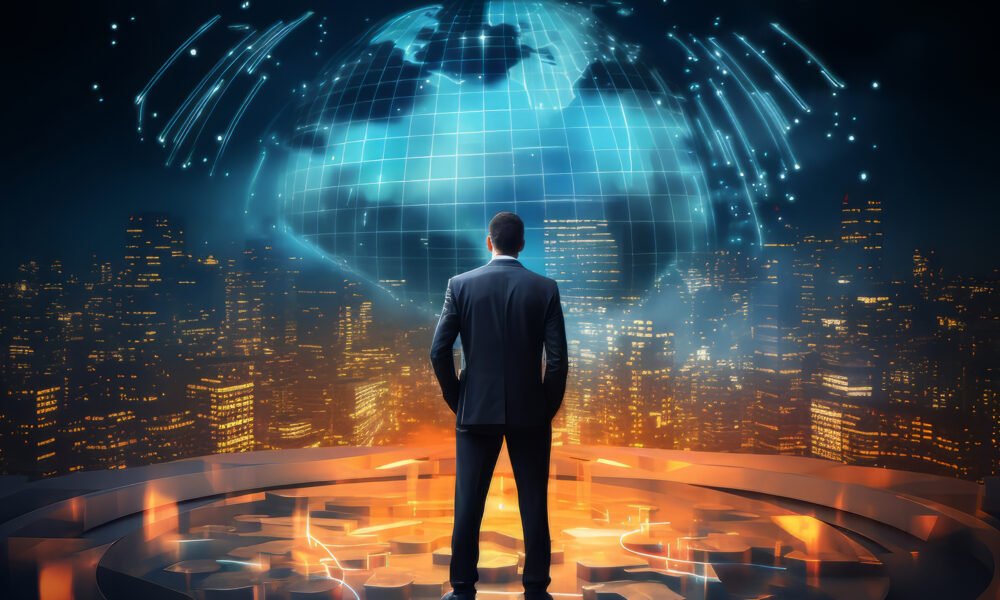 büyük teknoloji şirketlerinin küresel güç etkisini sorgulayan politik teknoloji görseli