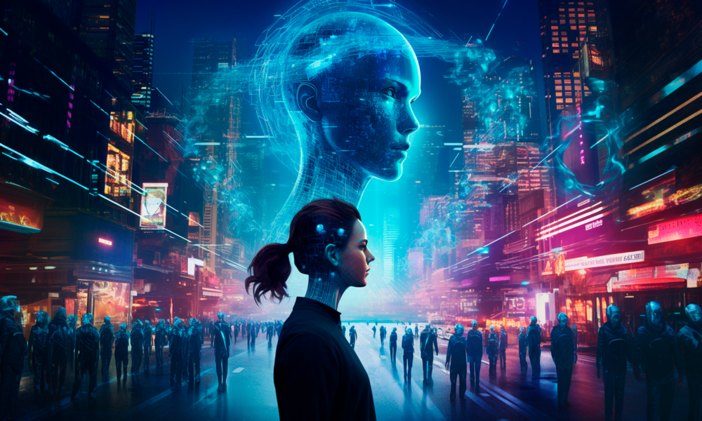 yapay zekâ çağında insan kimliği, dijital şehirler ve teknolojinin toplumsal etkilerini simgeleyen kavramsal görsel