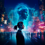 yapay zekâ çağında insan kimliği, dijital şehirler ve teknolojinin toplumsal etkilerini simgeleyen kavramsal görsel