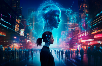 yapay zekâ çağında insan kimliği, dijital şehirler ve teknolojinin toplumsal etkilerini simgeleyen kavramsal görsel