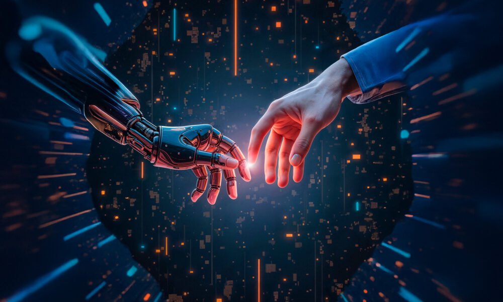 insan ve yapay zekâ arasındaki iş birliğini ve yapay zekâ destekli çalışan kavramını simgeleyen kavramsal görsel