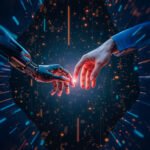 insan ve yapay zekâ arasındaki iş birliğini ve yapay zekâ destekli çalışan kavramını simgeleyen kavramsal görsel