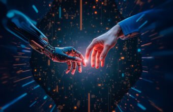 insan ve yapay zekâ arasındaki iş birliğini ve yapay zekâ destekli çalışan kavramını simgeleyen kavramsal görsel