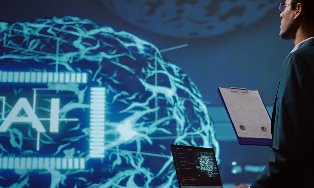 iş dünyasında yapay zekâ ile veri analizine dayalı karar alma süreçlerini anlatan kavramsal görsel