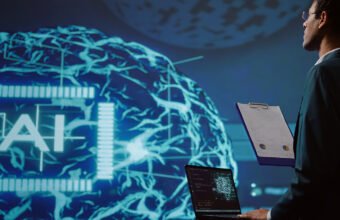 iş dünyasında yapay zekâ ile veri analizine dayalı karar alma süreçlerini anlatan kavramsal görsel