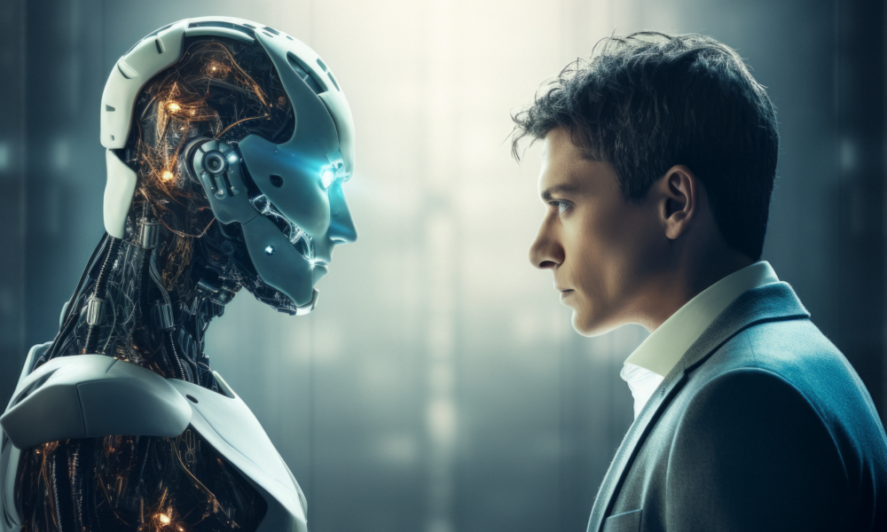 yapay zekâ ile insan arasındaki rekabeti ve beyaz yakalı mesleklerin geleceğine dair belirsizliği simgeleyen görsel