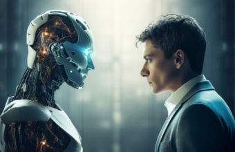 yapay zekâ ile insan arasındaki rekabeti ve beyaz yakalı mesleklerin geleceğine dair belirsizliği simgeleyen görsel