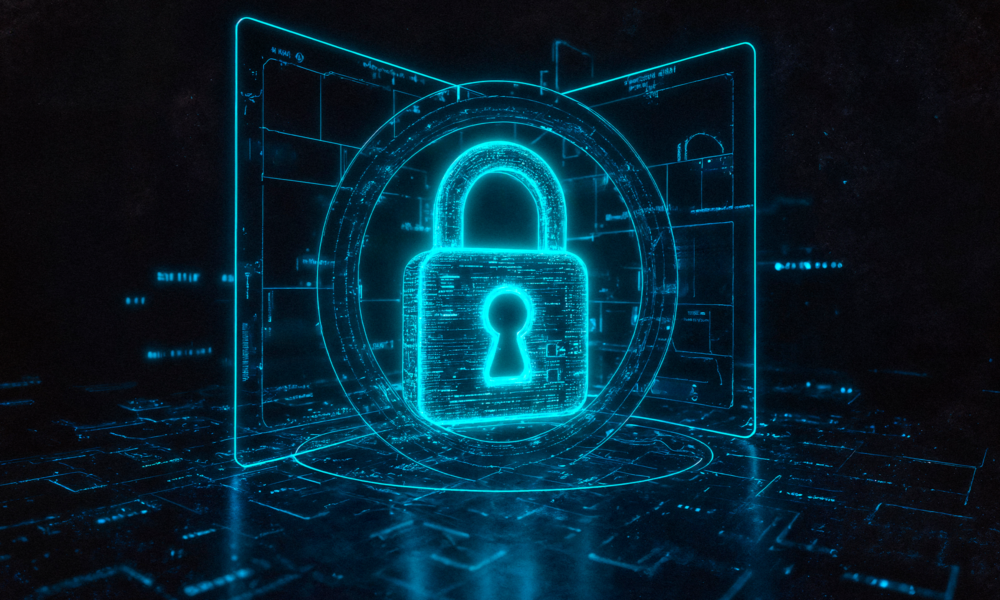 dijital ağ ve devre görselleri arasında neon mavi kilit simgesi, siber güvenlik ve dijital veri güvenliği konsepti