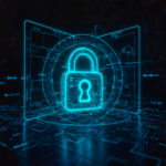dijital ağ ve devre görselleri arasında neon mavi kilit simgesi, siber güvenlik ve dijital veri güvenliği konsepti