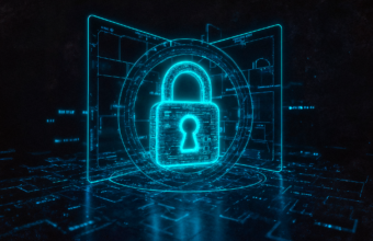 dijital ağ ve devre görselleri arasında neon mavi kilit simgesi, siber güvenlik ve dijital veri güvenliği konsepti