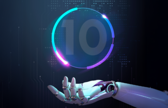 dijital arka plan üzerinde robot elinin tuttuğu “10” simgesi, yapay zekâ için etkili prompt yazmanın 10 kuralını temsil eden konsept görsel