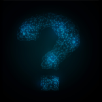 karanlık arka planda dijital ağ yapısıyla oluşturulmuş mavi bir soru işareti, yapay zekâ araçları arasında doğru seçimi ve belirsizliği simgeleyen görsel