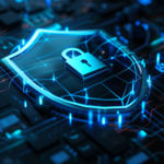 dijital devreler üzerinde kilit simgesiyle temsil edilen siber güvenlik kalkanı, veri güvenliği, gizlilik ve dijital altyapı korumasını anlatan teknolojik görsel