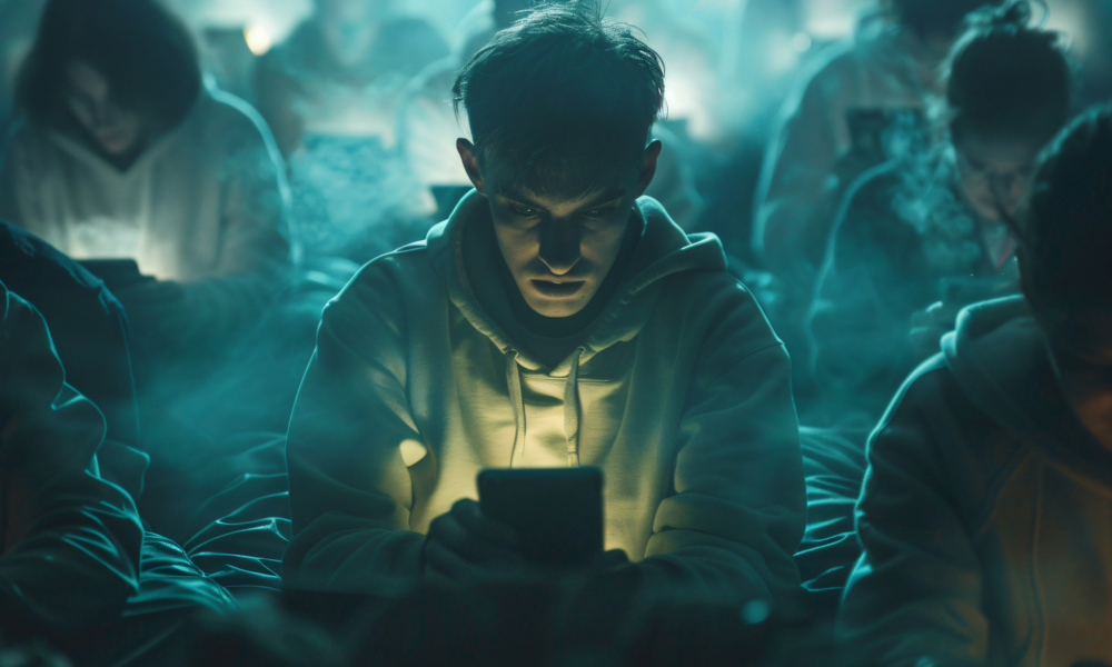 karanlık bir ortamda telefon ekranına odaklanmış gençler, teknoloji bağımlılığı ve dijital dikkat dağınıklığını simgeleyen sahne
