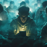 karanlık bir ortamda telefon ekranına odaklanmış gençler, teknoloji bağımlılığı ve dijital dikkat dağınıklığını simgeleyen sahne