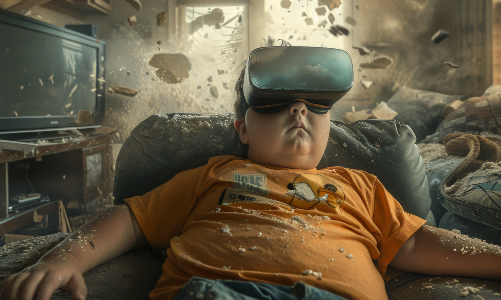 sanal gerçeklik gözlüğü takmış çocuğun dağılmış odada hareketsiz şekilde oturması, teknolojik bağımlılık ve gerçeklikten kopuş konsepti