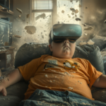 sanal gerçeklik gözlüğü takmış çocuğun dağılmış odada hareketsiz şekilde oturması, teknolojik bağımlılık ve gerçeklikten kopuş konsepti