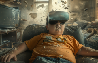 sanal gerçeklik gözlüğü takmış çocuğun dağılmış odada hareketsiz şekilde oturması, teknolojik bağımlılık ve gerçeklikten kopuş konsepti