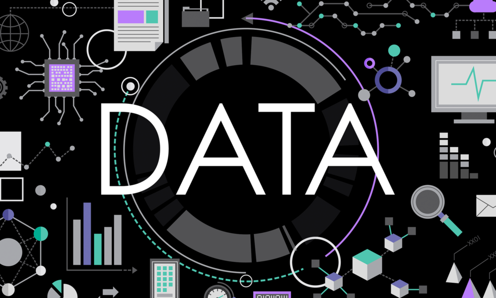 veri analitiği, grafikler ve dijital ikonlarla çevrili “DATA” yazısı, büyük veri ve veri çağında şeffaflık konsepti