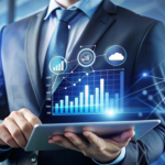 takım elbiseli yöneticinin tablet üzerinde dijital grafik ve veri panellerini incelemesi, veriye dayalı yönetim ve performans analitiği konsepti