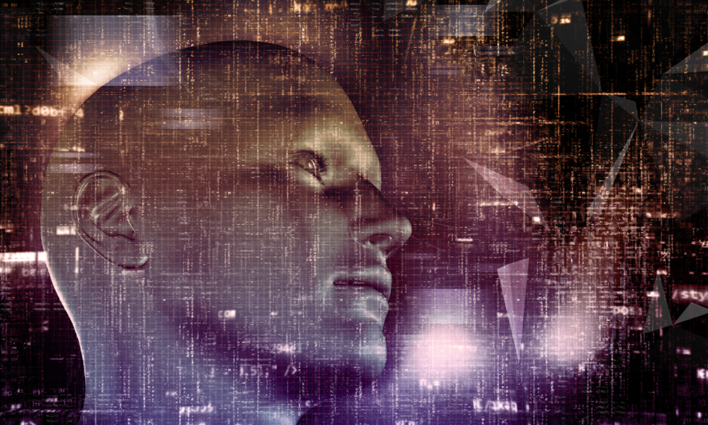 dijital veri akışı ve kod katmanları arasında insan yüzü silueti, yapay zekânın karar alma süreci ve algoritmik analiz konsepti