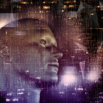 dijital veri akışı ve kod katmanları arasında insan yüzü silueti, yapay zekânın karar alma süreci ve algoritmik analiz konsepti