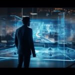 Geleceğin Şirketi Nasıl Olacak? Yapay Zekâ ile Şekillenen Yeni Organizasyonlar dijital ekranlarla çevrili futuristik bir ortamda şehir simülasyonunu inceleyen yönetici, geleceğin veri odaklı ve teknoloji destekli şirket yapılarını temsil eden konsept görsel