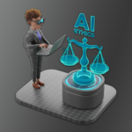 dizüstü bilgisayar kullanan bir iş insanı ve yanında dijital terazi sembolü, yapay zekâ etiği ve regülasyonlarının iş dünyasında AI gelişimini nasıl etkileyebileceğini temsil eden konsept görsel