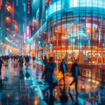 neon ışıklarla aydınlanan modern şehir caddesinde yürüyen insanlar, teknolojinin şehir yaşamını ve toplumsal davranışları nasıl şekillendirdiğini temsil eden konsept görsel