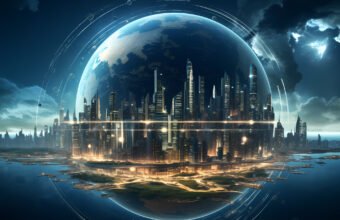 küresel bir kubbe içinde yükselen futuristik mega şehir ve etrafında dolaşan dijital yörüngeler, yapay zekâ ve ileri teknolojilerin şekillendirdiği geleceğin dünyasını temsil eden konsept görsel