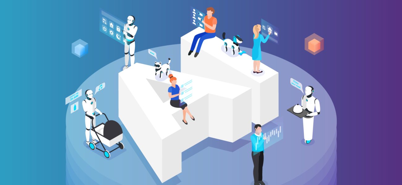 yapay zekâ temalı büyük “AI” harflerinin etrafında çalışan insanlar ve robotlar, yapay zekâ girişimlerinin yükselişini ve farklı sektörlerde kullanım alanlarının genişlemesini temsil eden konsept illüstrasyon