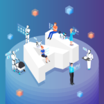 yapay zekâ temalı büyük “AI” harflerinin etrafında çalışan insanlar ve robotlar, yapay zekâ girişimlerinin yükselişini ve farklı sektörlerde kullanım alanlarının genişlemesini temsil eden konsept illüstrasyon