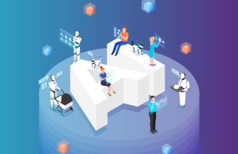 yapay zekâ temalı büyük “AI” harflerinin etrafında çalışan insanlar ve robotlar, yapay zekâ girişimlerinin yükselişini ve farklı sektörlerde kullanım alanlarının genişlemesini temsil eden konsept illüstrasyon