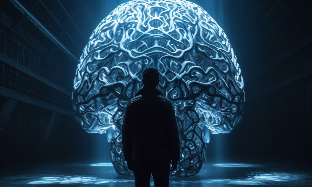 karanlık bir ortamda devasa dijital beyin formunun karşısında duran insan silüeti, yapay zekâ ile insan zekâsı arasındaki sınırın ve bilinç tartışmalarının sembolik temsilini gösteren konsept görsel