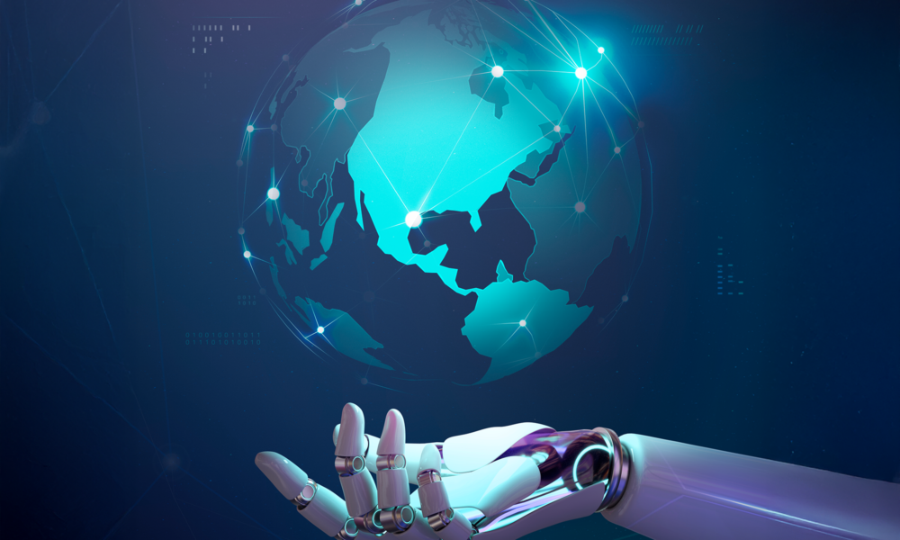 robotik bir elin üzerinde ağ bağlantılarıyla çevrili dijital dünya küresi, yapay zekânın şekillendirdiği geleceğin daha adil bir dünya yaratıp yaratmayacağını sorgulayan konsept görsel