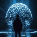 Zekâ Ötesi Bir Eşik: İnsanlığın Yeni Normaline Dair Bir Yorum devasa ışıklı beyin formunun karşısında duran insan silueti, yapay zekâ ile insanlığın yeni normaline ve zekâ ötesi dönüşüme dair güçlü bir metafor içeren konsept görsel