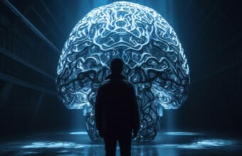 devasa ışıklı beyin formunun karşısında duran insan silueti, yapay zekâ ile insanlığın yeni normaline ve zekâ ötesi dönüşüme dair güçlü bir metafor içeren konsept görsel